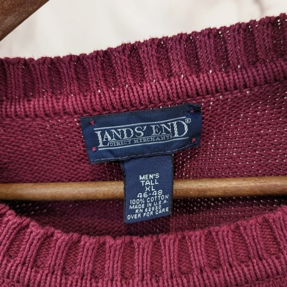 Lands End Sweater Elbow Patches Mens XL Tall Vintage Red Cotton Crew Nec…